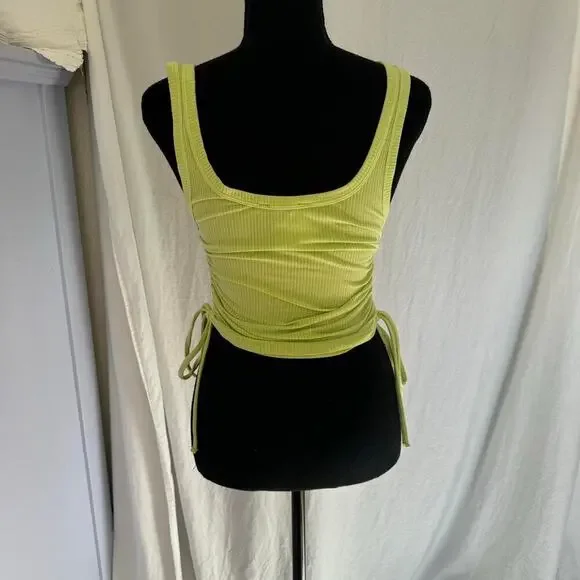 Forever 21 sz small Y2k butterfly embroidered crop top lime ruched ties fairy - Picture 7 of 7